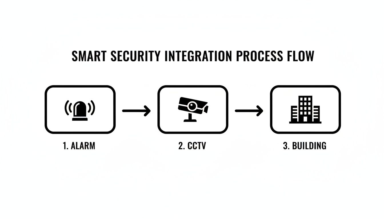 A diagram illustrating the smart security integration process flow from alarm to CCTV to building.