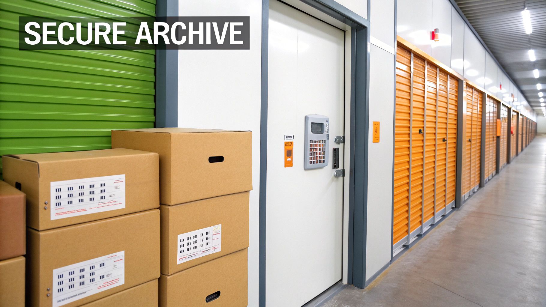 A secure archive storage facility with stacked cardboard boxes, green and orange storage units, and a keypad entry door.