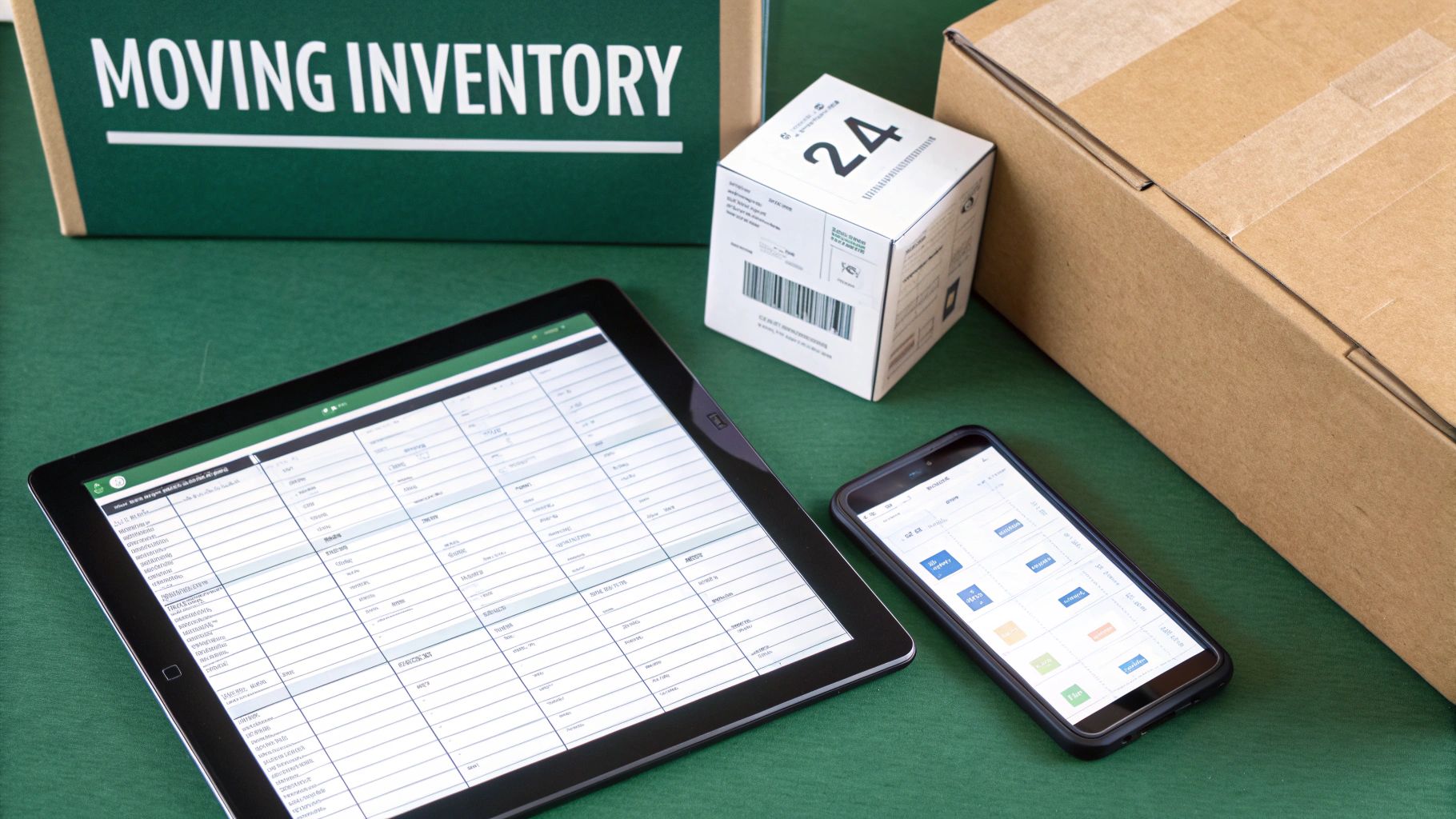 Digital tools and cardboard boxes for a moving inventory, including a tablet, smartphone, and boxes.