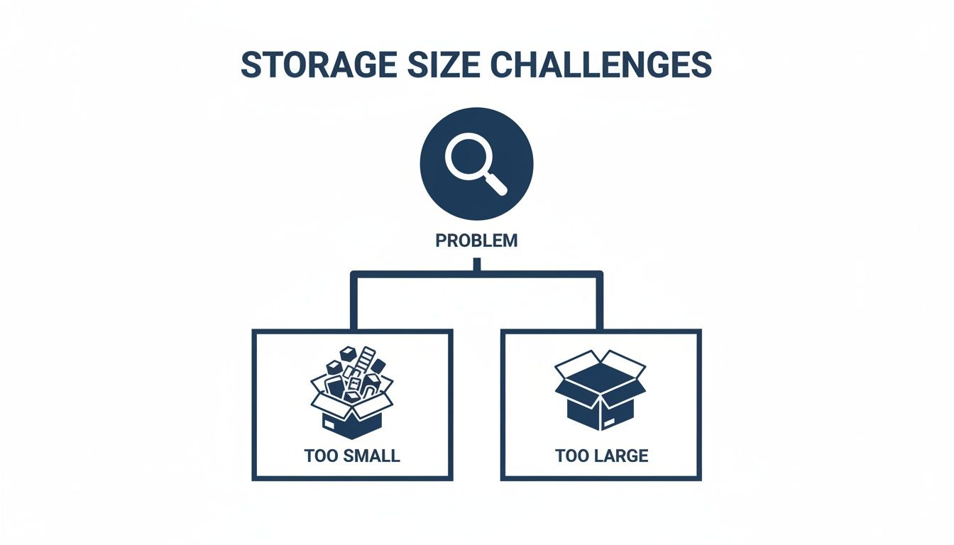 A diagram illustrating storage size challenges, contrasting an overflowing box as 'too small' and an empty box as 'too large'.