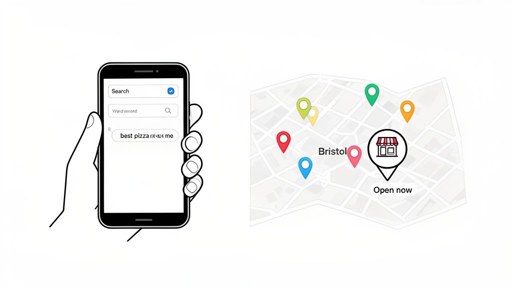 Hand searching 'best pizza near me' on a smartphone, displaying local restaurant results on a map.