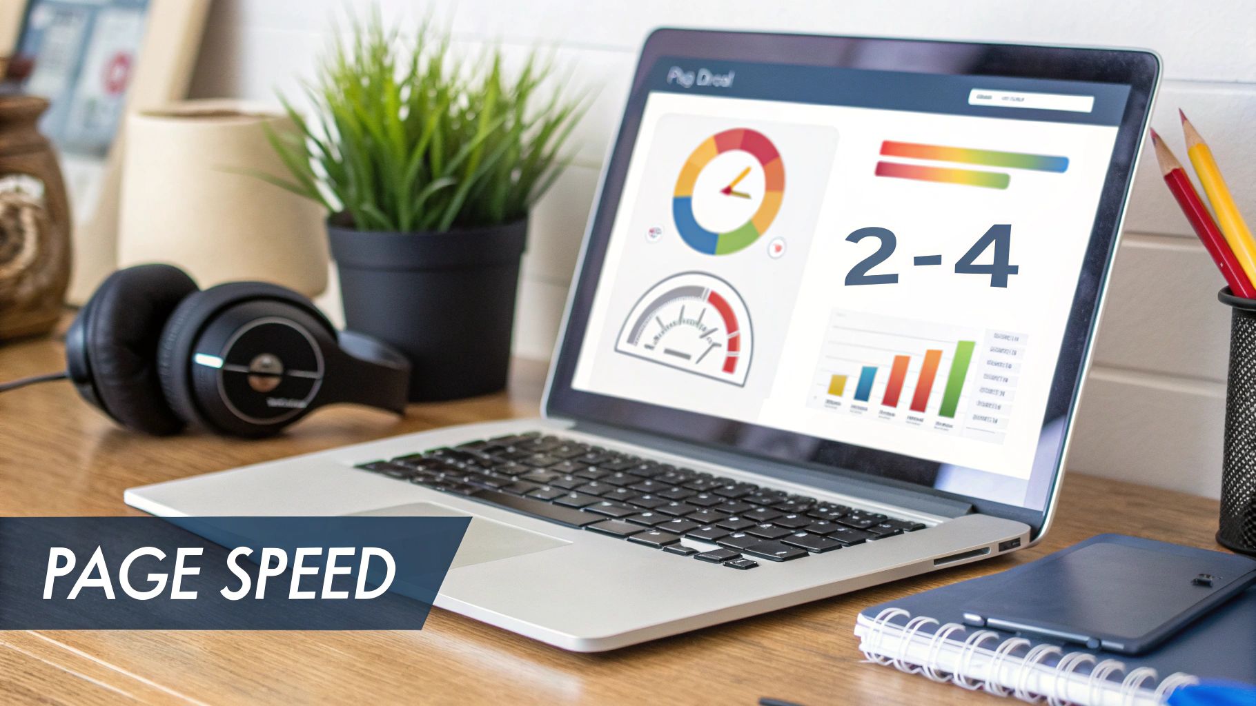 A laptop displays a 'Page Speed' dashboard with colorful charts, gauges, and the number '2-4' on a wooden desk.