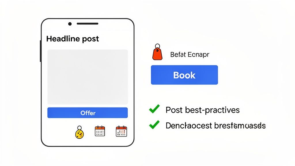 A smartphone app displaying a post with an 'Offer' button, next to a 'Book' button and best practices.