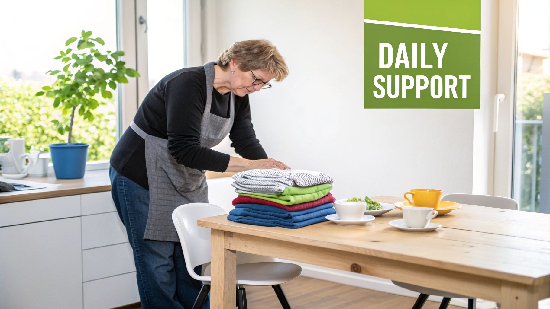 An older woman in an apron meticulously folds colorful laundry on a kitchen table, symbolizing daily support.
