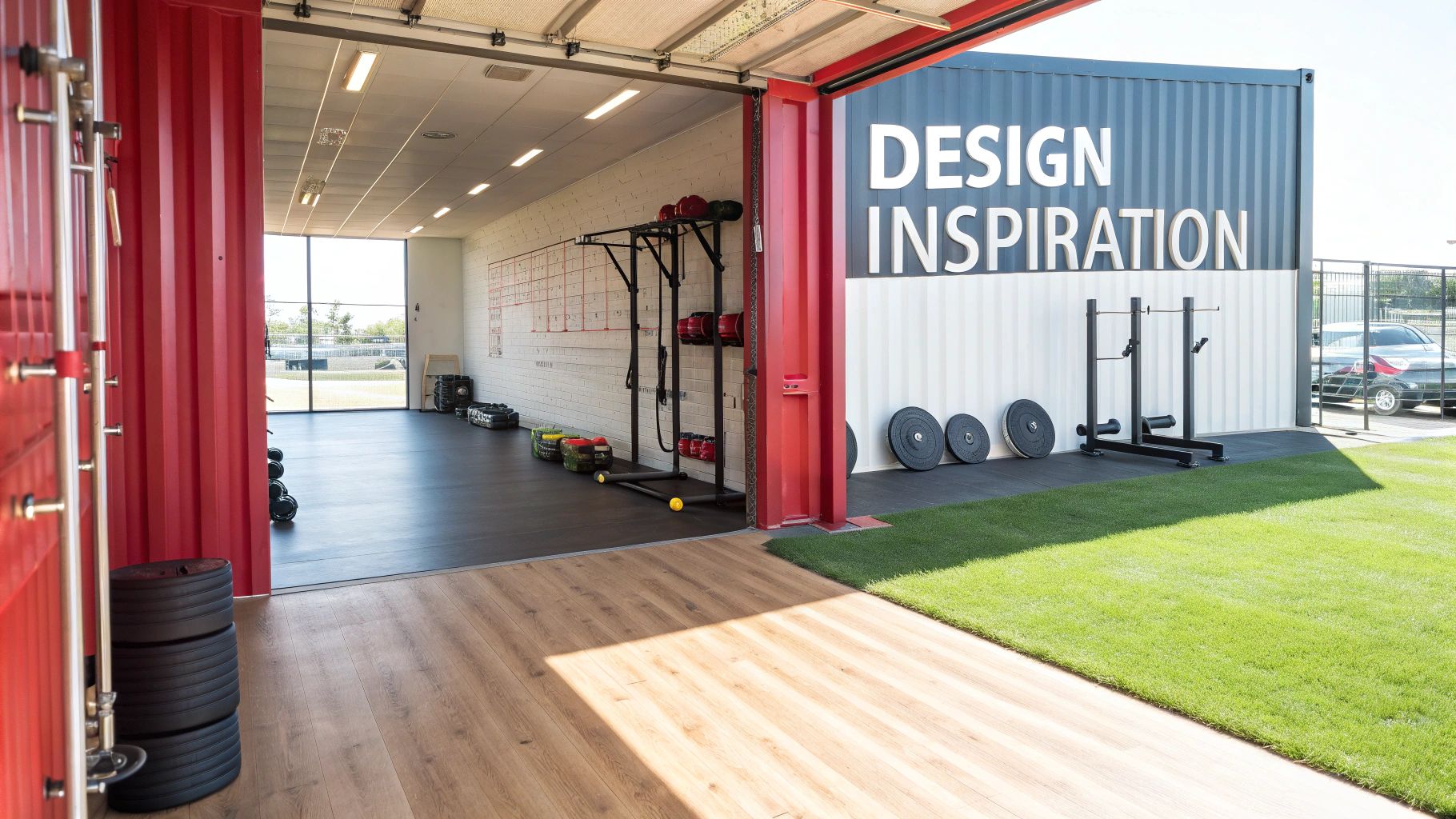 A well-lit interior of a shipping container gym showing insulation and flooring.