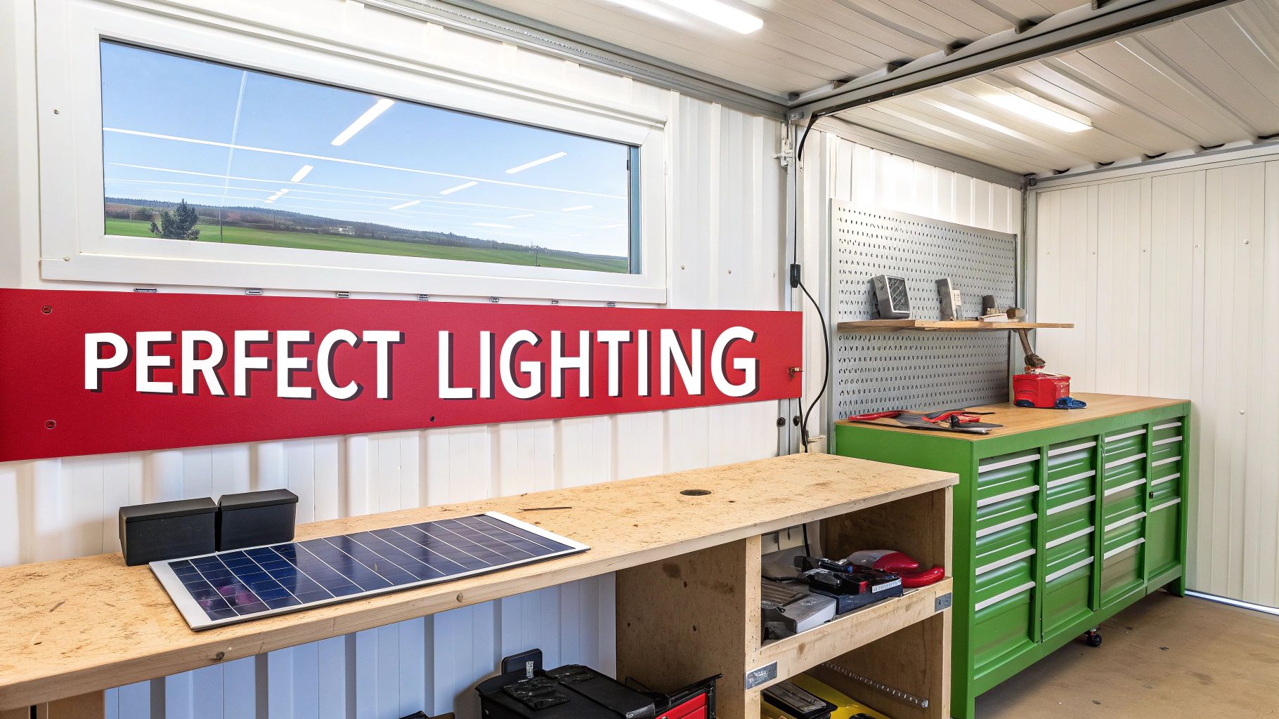 A well-lit shipping container workshop with tools neatly organised.