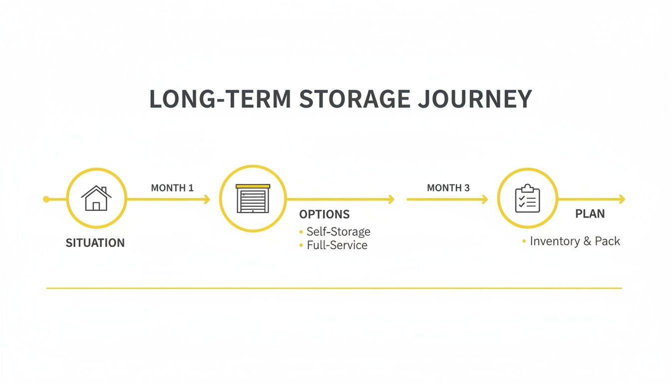 Your Complete Guide to Long Term Storage in the UK 1 A detailed timeline infographic outlining the long-term storage journey, from initial situation to planning.