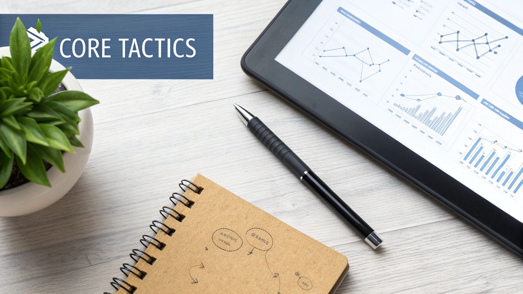 Desk flat lay with a tablet showing business analytics, pen, notebook, and a plant.