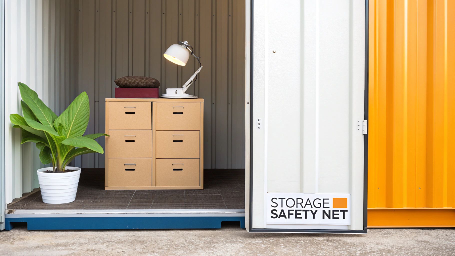 An open white storage container with a green plant, wooden dresser, and desk lamp inside.