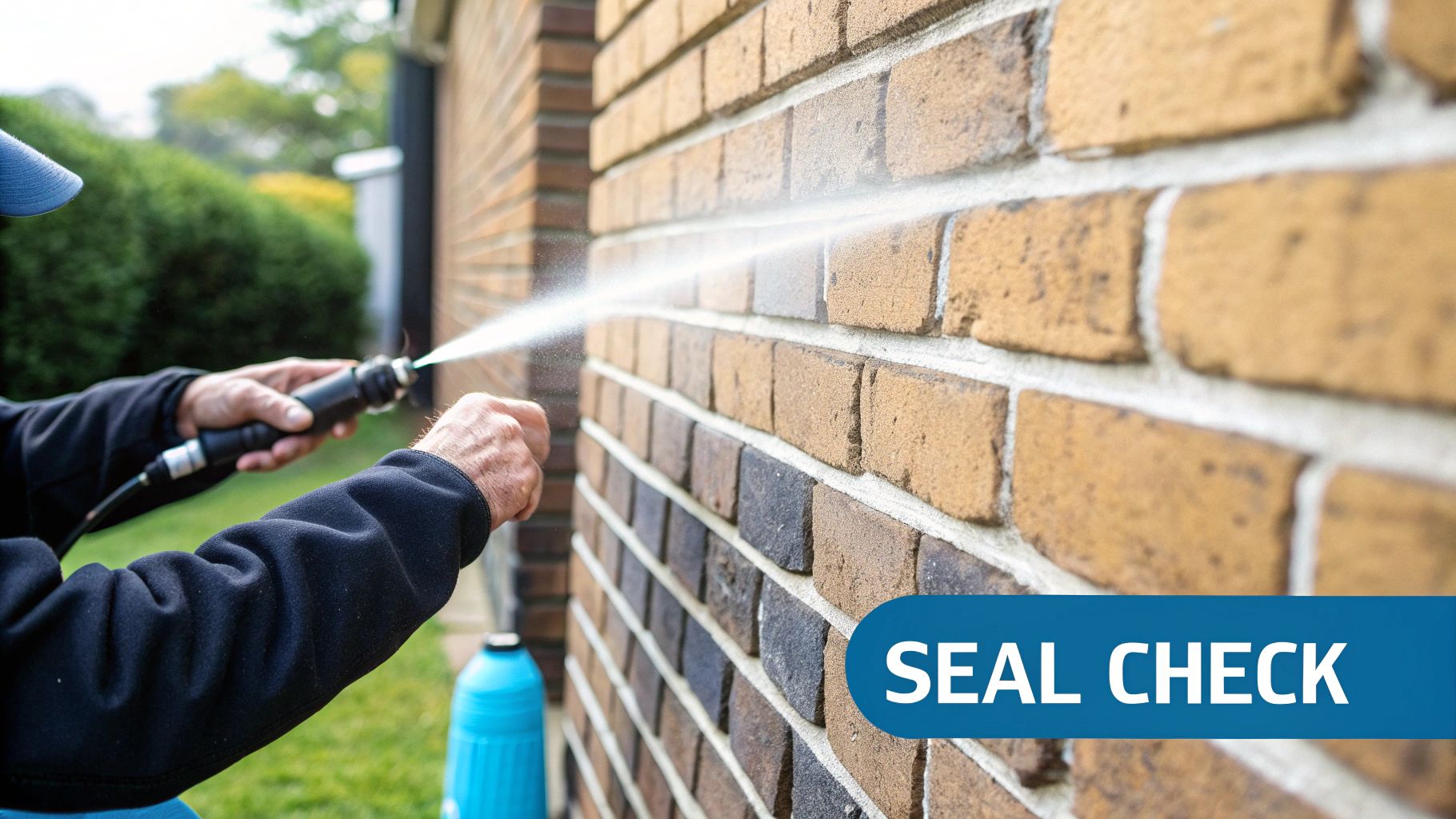Professional applying water sealant spray to brick wall to protect exterior masonry from moisture damage