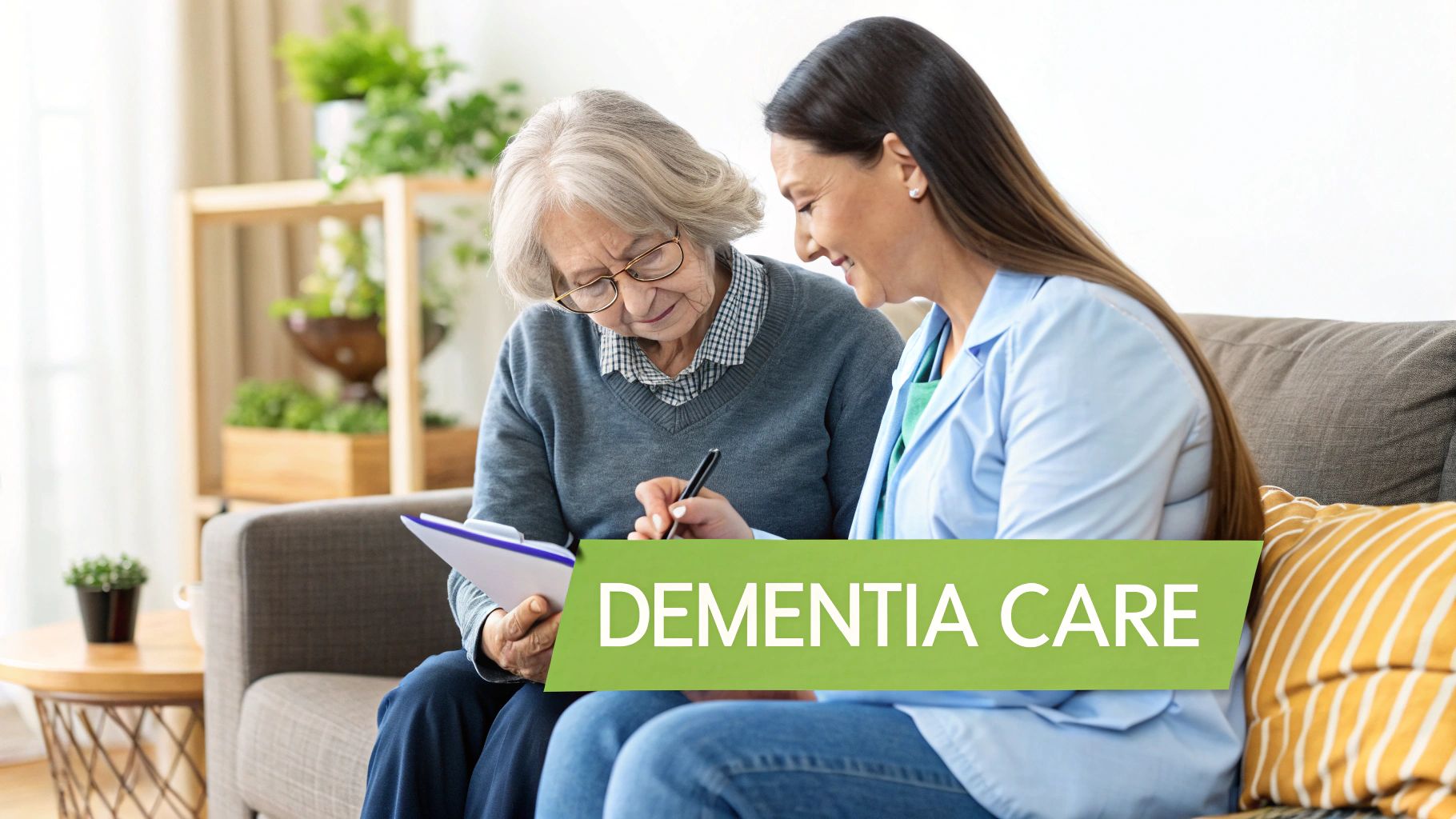 A caregiver helps an elderly woman with paperwork, providing support for dementia care at home.