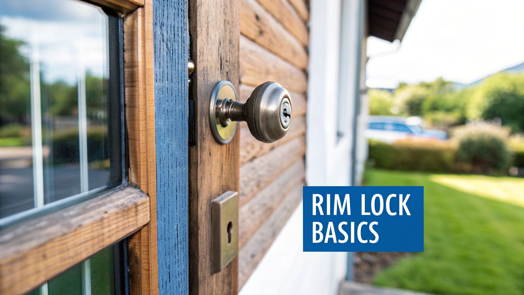 A close-up of a rustic wooden door with a rim lock doorknob and keyhole, featuring a 'RIM LOCK BASICS' title.
