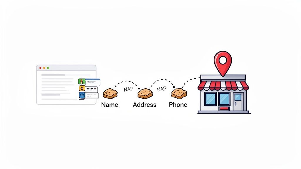 An illustration showing Name, Address, Phone (NAP) data flowing from a browser to a local business, representing local citations.