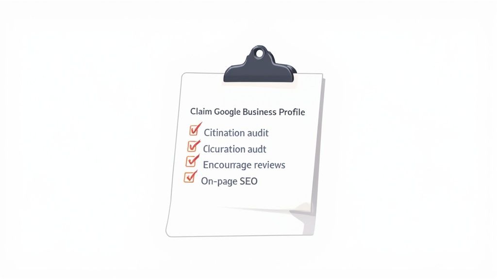 A clipboard with a checklist for Google Business Profile optimization, including citation audit and encouraging reviews.