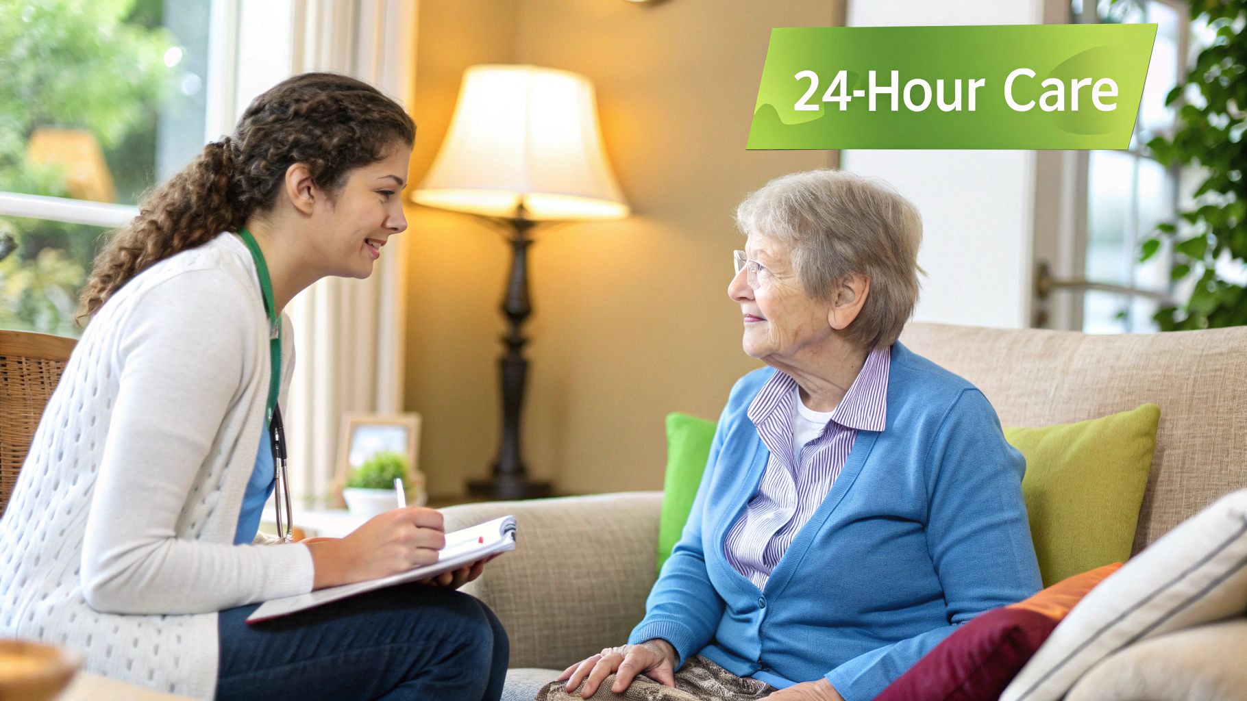 A carer and an elderly woman sharing a happy moment in a bright, modern kitchen.