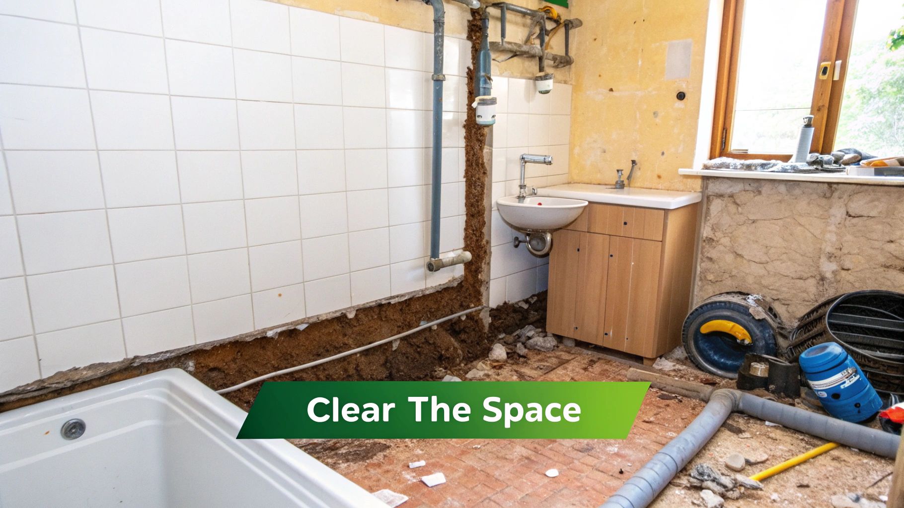 A bathroom being stripped out, with old tiles and fixtures removed.