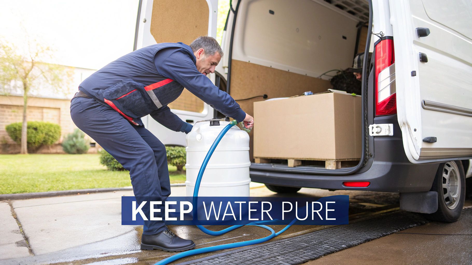 A man in a blue uniform fills a large white barrel with a blue hose next to an open white van.