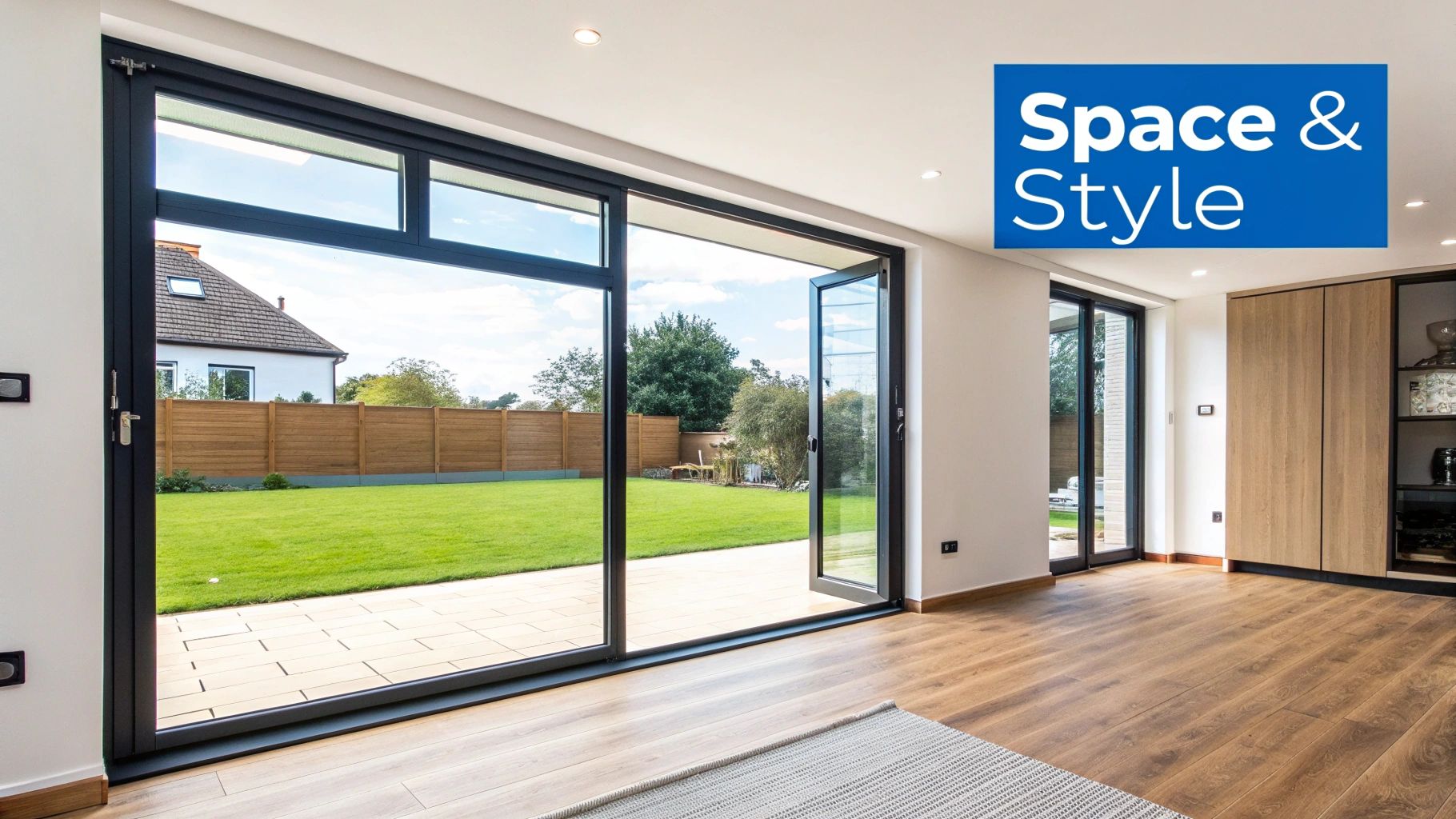 Modern open bifold sliding doors connecting interior living space to outdoor garden patio area