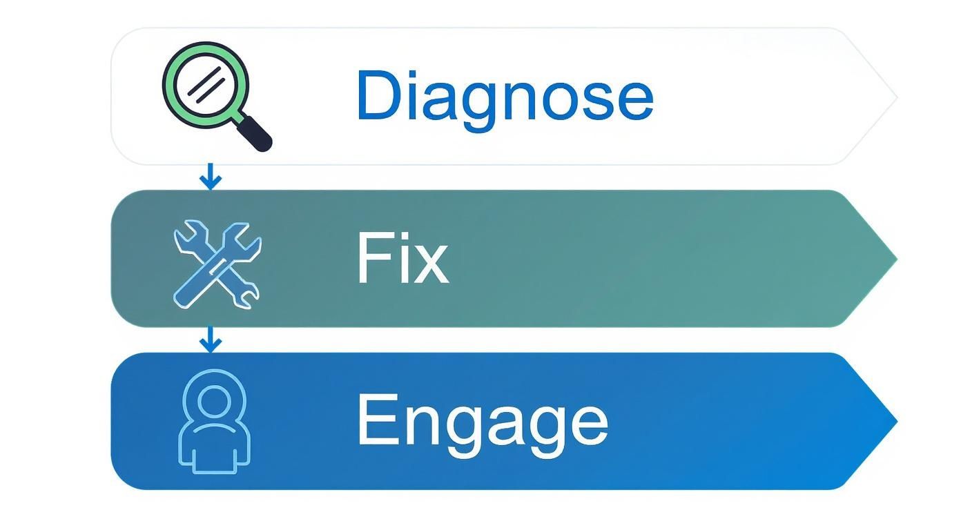 Three-step process flowchart showing diagnose, fix, and engage stages with icons for problem-solving workflow