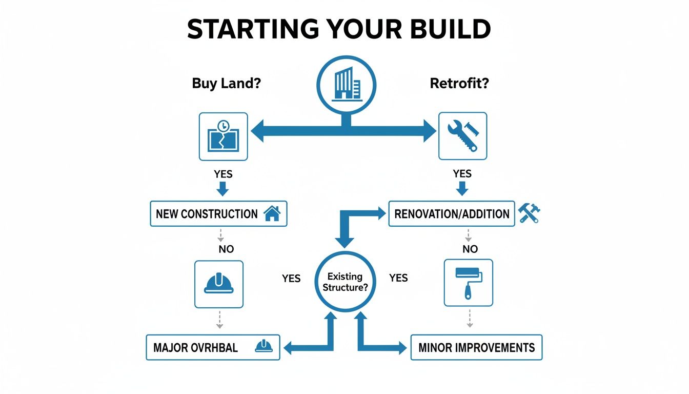 Flowchart illustrating the decision process for starting a building project, from new construction to renovation.