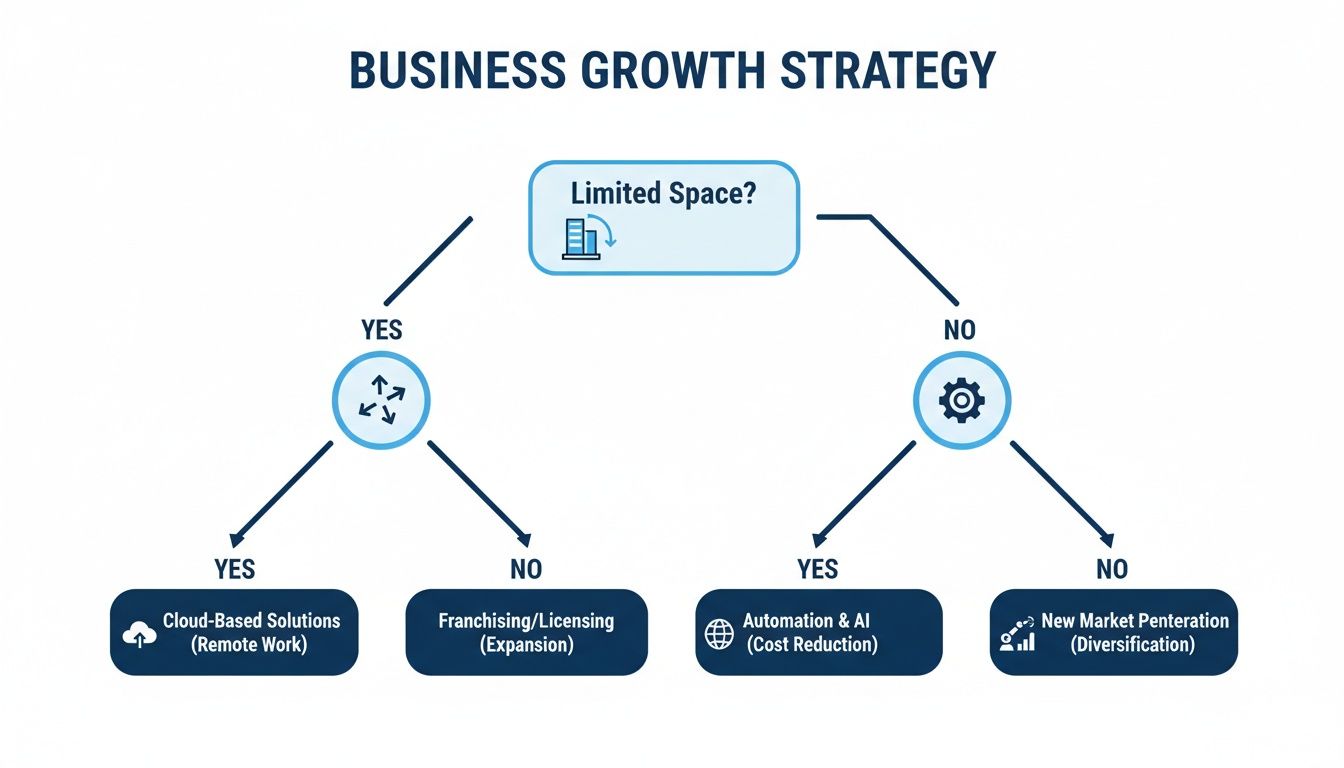 A business growth strategy flowchart guiding decisions on space, remote work, automation, and market expansion.