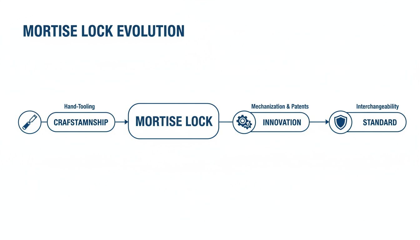 A flowchart illustrates the evolution of mortise locks from craftsmanship to standardized innovation.