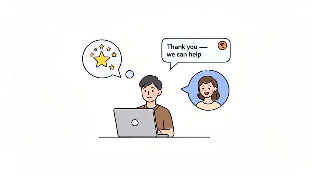 A man uses a laptop, receiving positive customer feedback and online support from a woman.