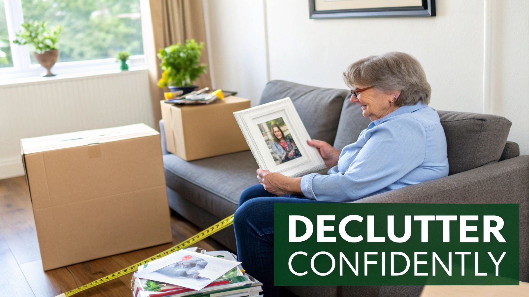 An older woman smiles while holding a framed photo on a couch, surrounded by moving boxes.