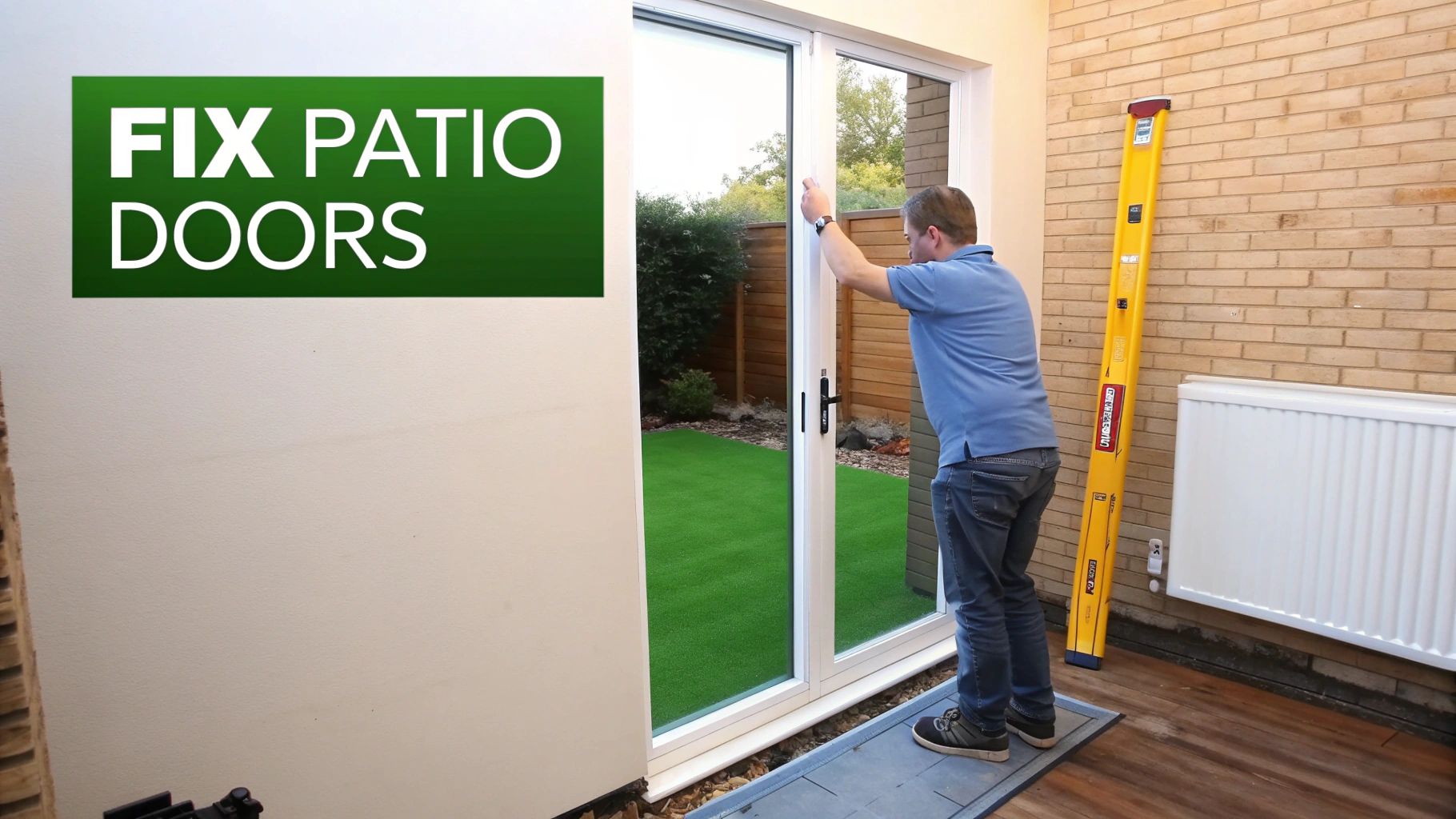 A man in a blue shirt adjusting a white patio door, with a green backyard visible outside.