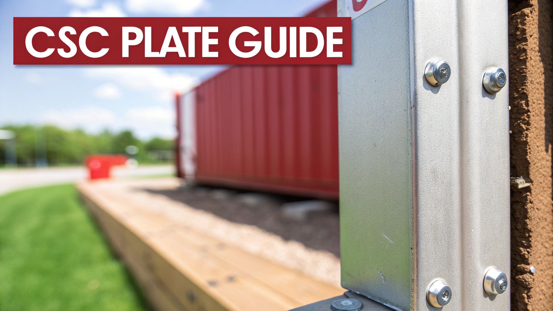 Red banner with 'CSC PLATE GUIDE' text over blurred background of shipping containers.