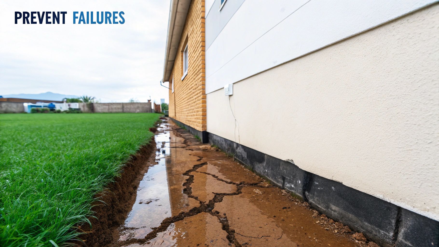 Water pooling along foundation wall showing drainage problems and need for waterproofing tanking