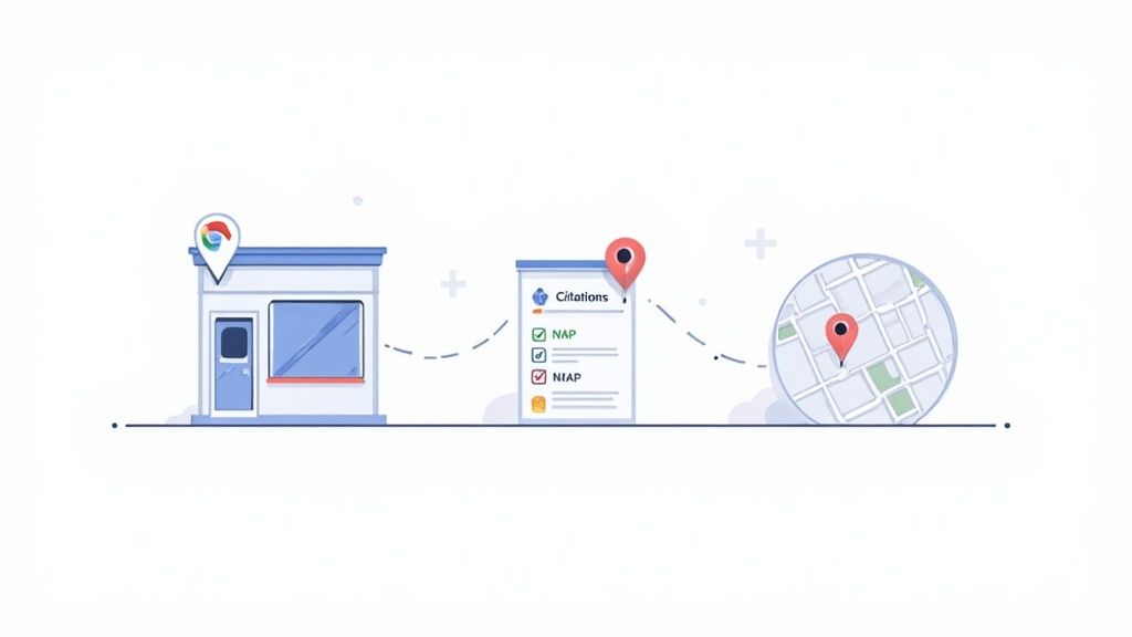 Illustration of a business linking to local SEO citations and a map for improved local search presence.