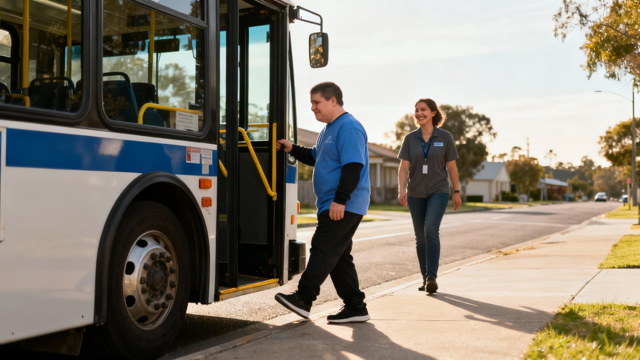 Smiling man boarding a bus with assistance from a woman support worker walking nearby.