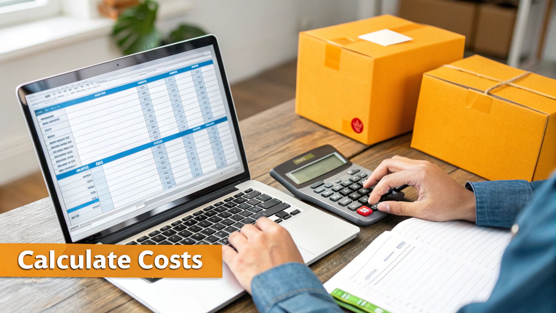 Person calculating shipping costs on a laptop and calculator with cardboard boxes on a wooden desk.