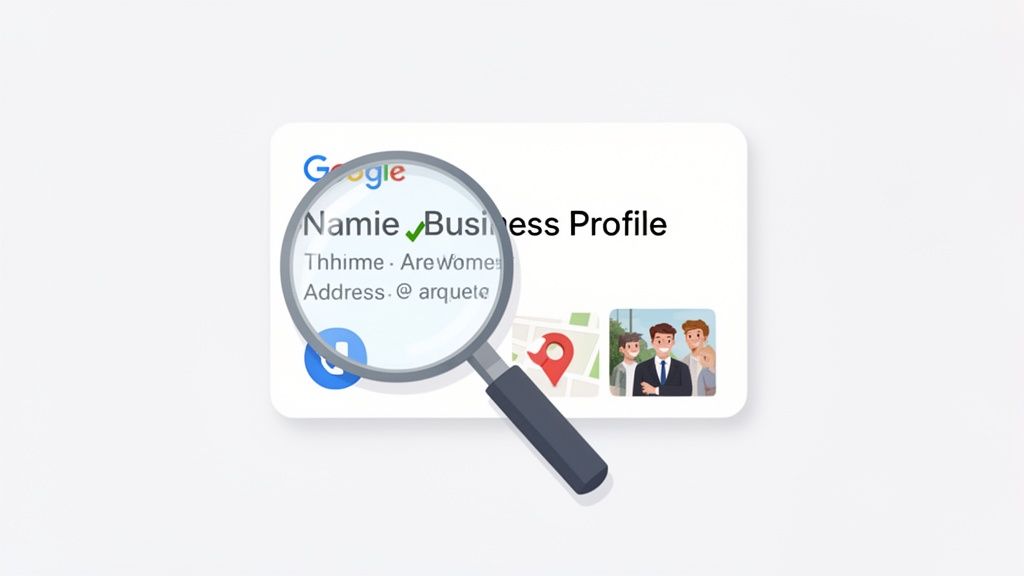 A magnifying glass inspects a Google Business Profile card showing a business name and address.