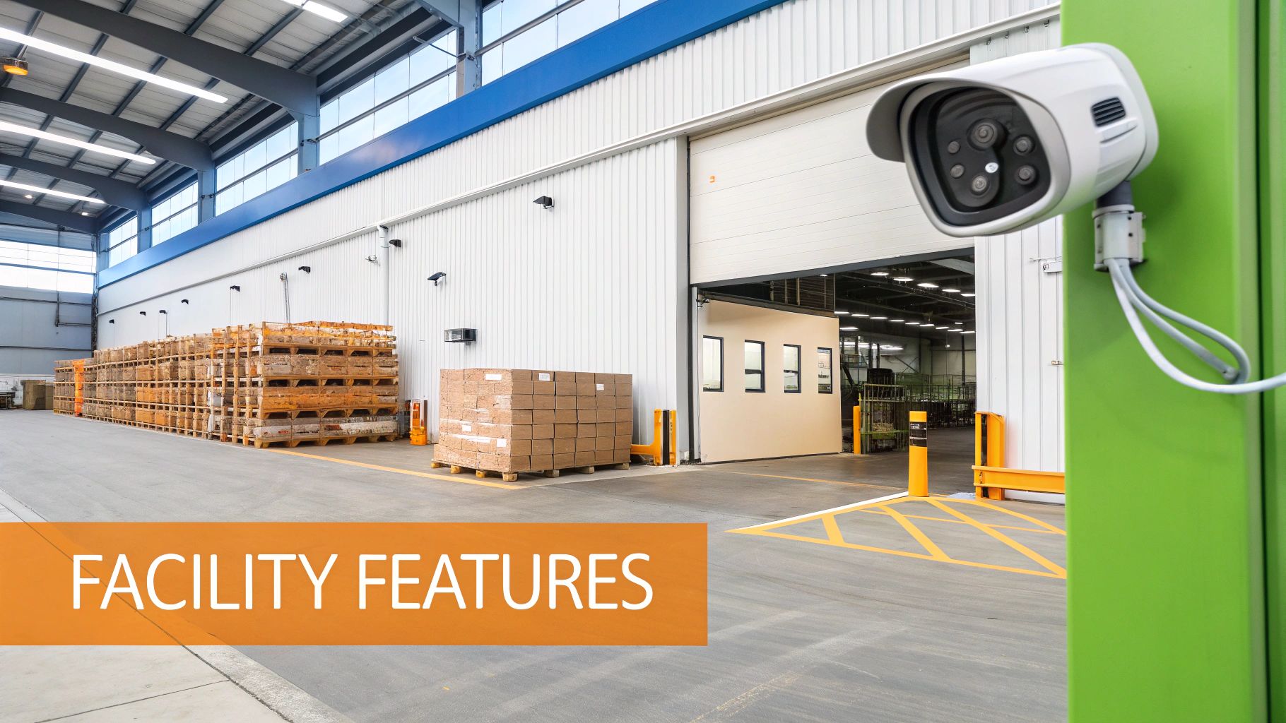 Forklift moving pallets in a spacious, well-lit warehouse self storage facility.