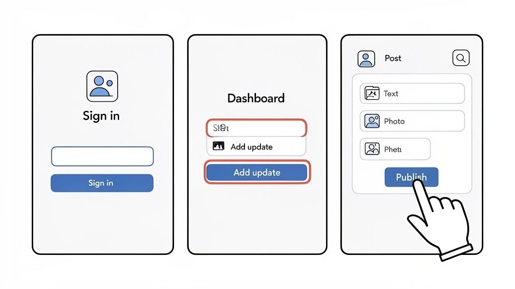 A sequence of three mobile screens illustrating user sign-in, adding an update, and publishing a post.