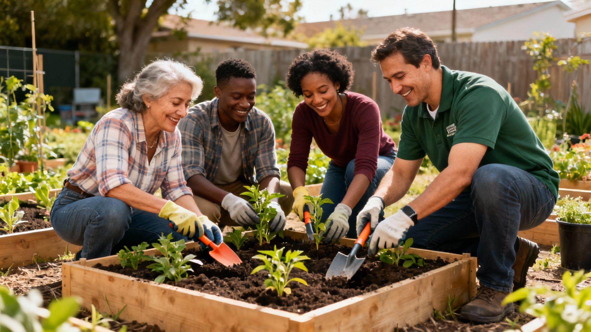 Four smiling people of different ages planting in raised garden beds on a sunny day.