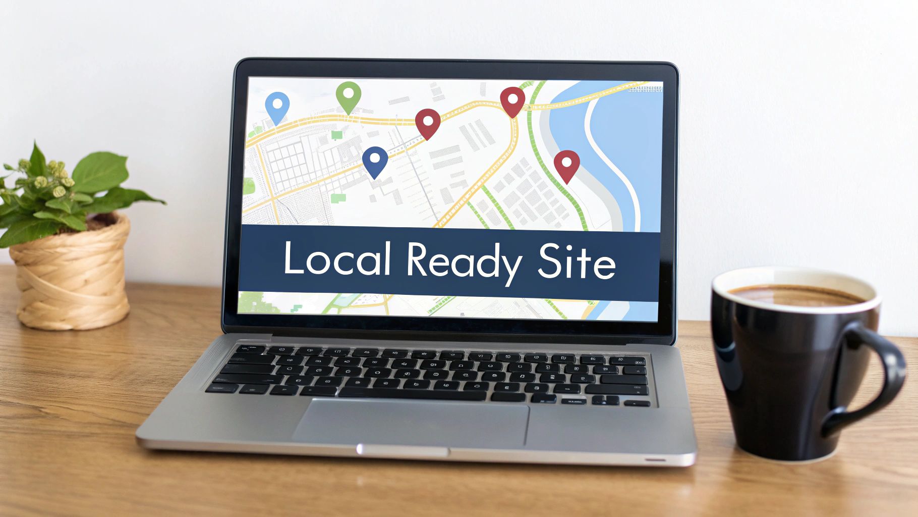 A laptop on a wooden desk displaying a map with location pins and 'Local Ready Site' text.