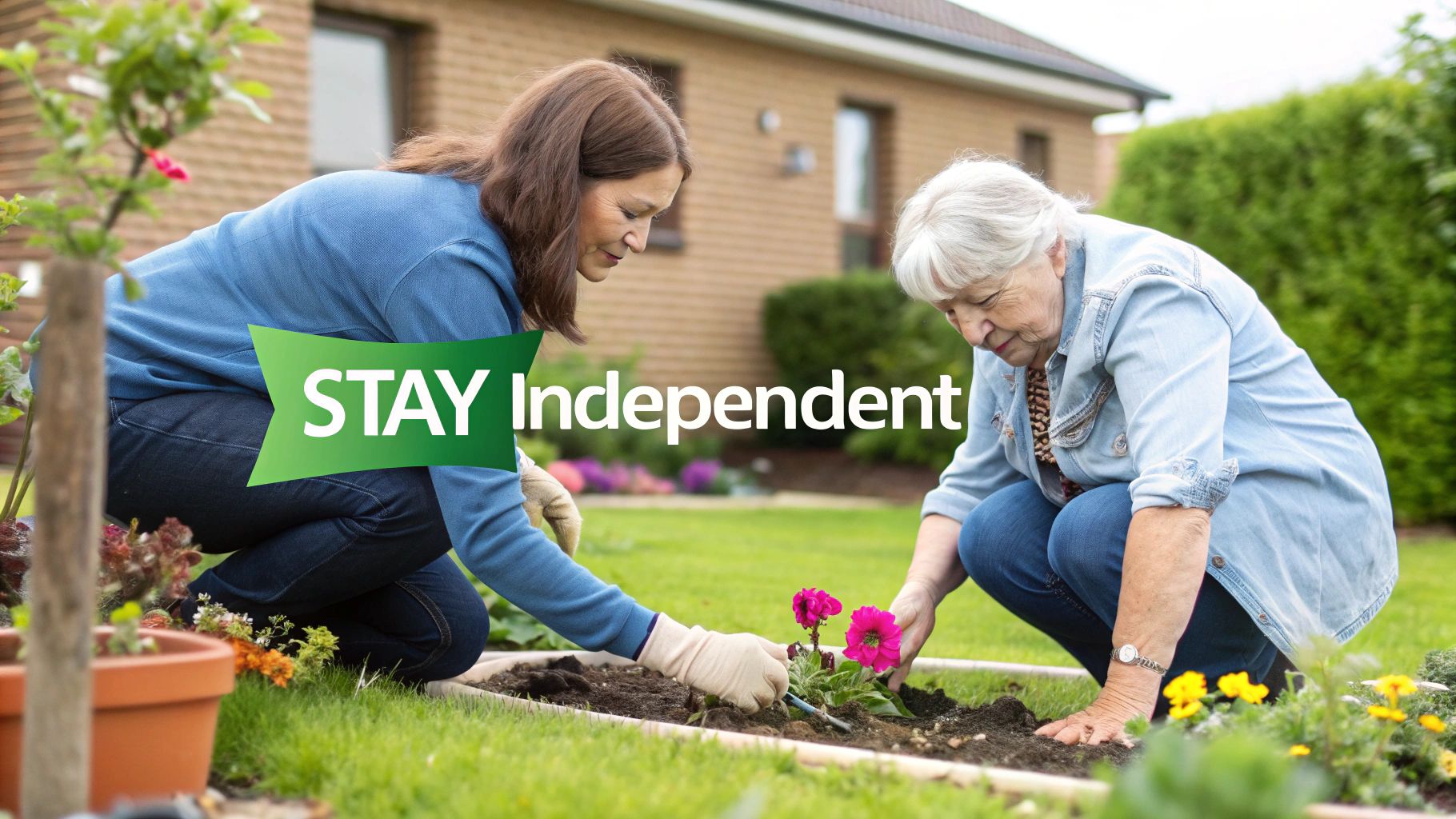 Two women, one older, planting pink flowers in a sunny backyard garden.