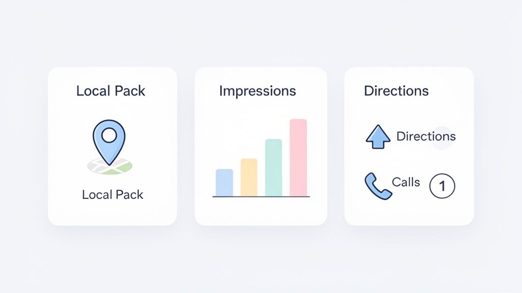 Three white cards displaying local SEO metrics: Local Pack, Impressions, Directions, and Calls.