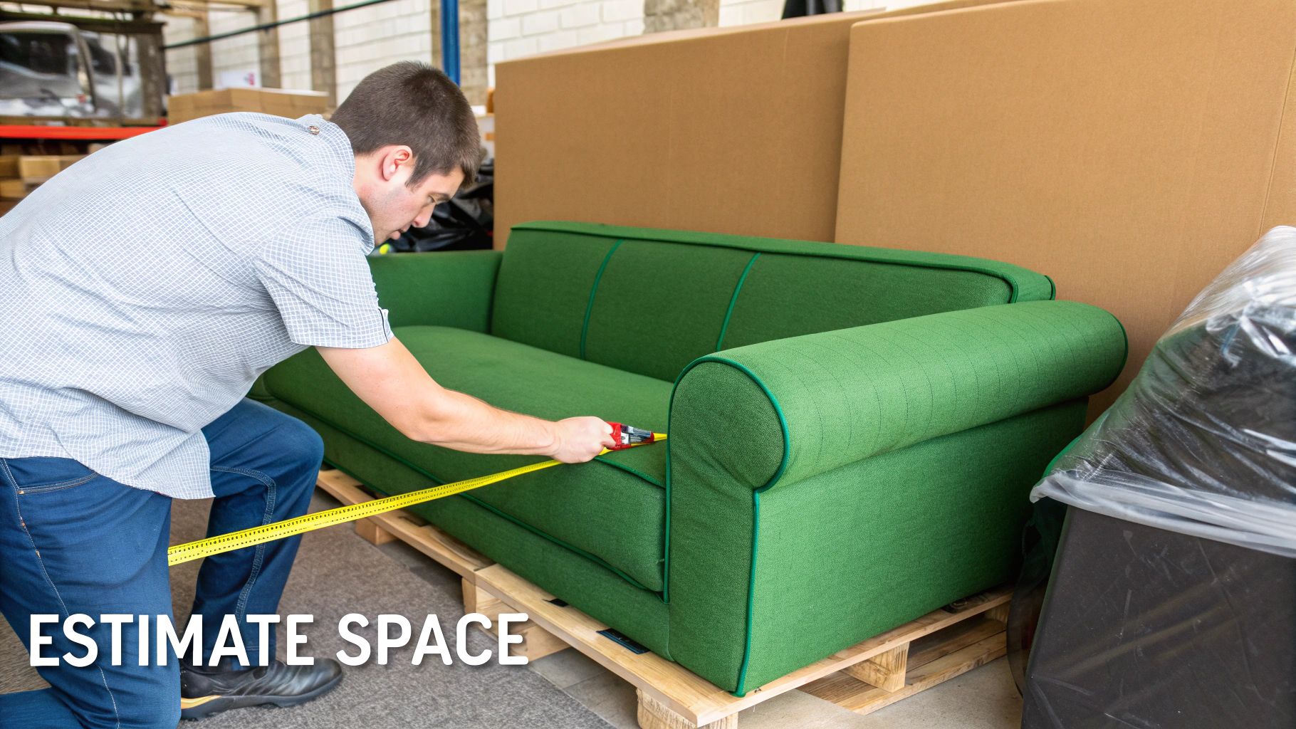 A person using a tape measure on a piece of furniture in a room with boxes.
