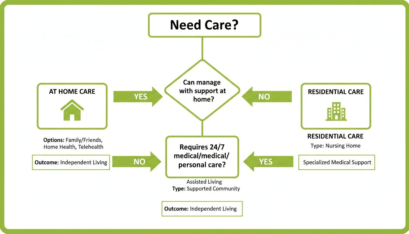 Flowchart illustrating care options: At Home, Residential, and Assisted Living based on care needs.