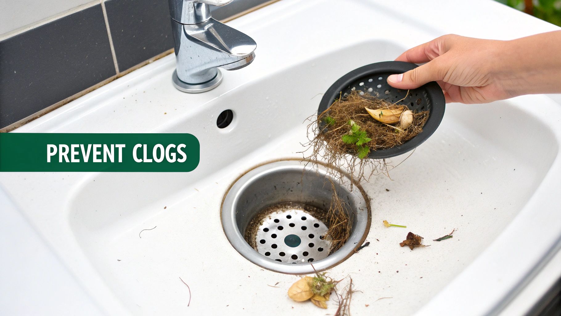 A hand removes a sink strainer filled with roots and debris from a dirty kitchen sink to prevent clogs.
