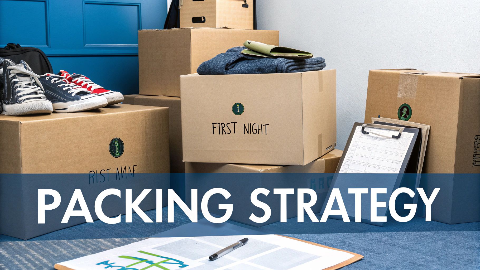 Several cardboard moving boxes, one labeled "First Night" with clothes, next to a packing checklist.
