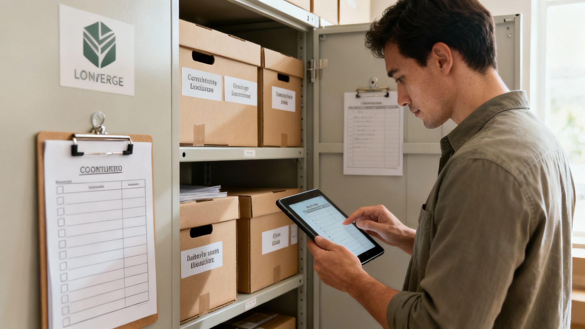Your Complete Guide to Long Term Storage in the UK 3 A man uses a tablet to check inventory in a long-term storage room with shelves of boxes.