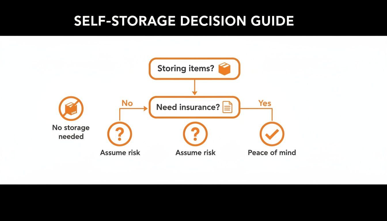 A self-storage decision guide flowchart shows options for storing items, needing insurance, assuming risk, or peace of mind.