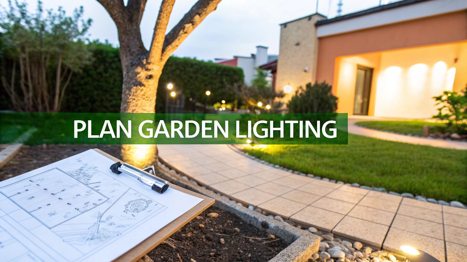 A detailed garden lighting plan on a clipboard with a flashlight, in an illuminated garden at dusk.