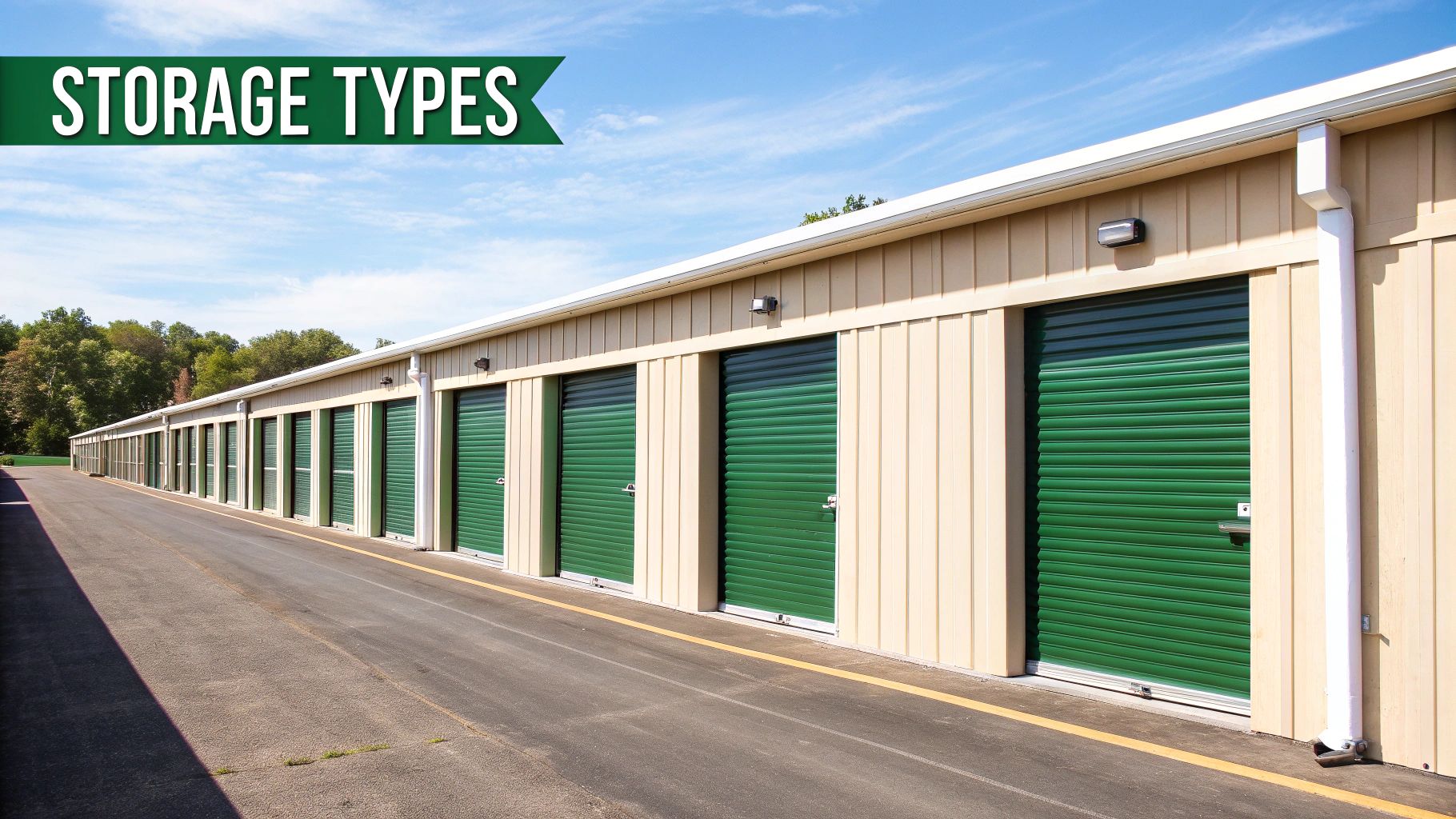 A modern, secure self-storage facility with clean, brightly lit corridors and roll-up metal doors.