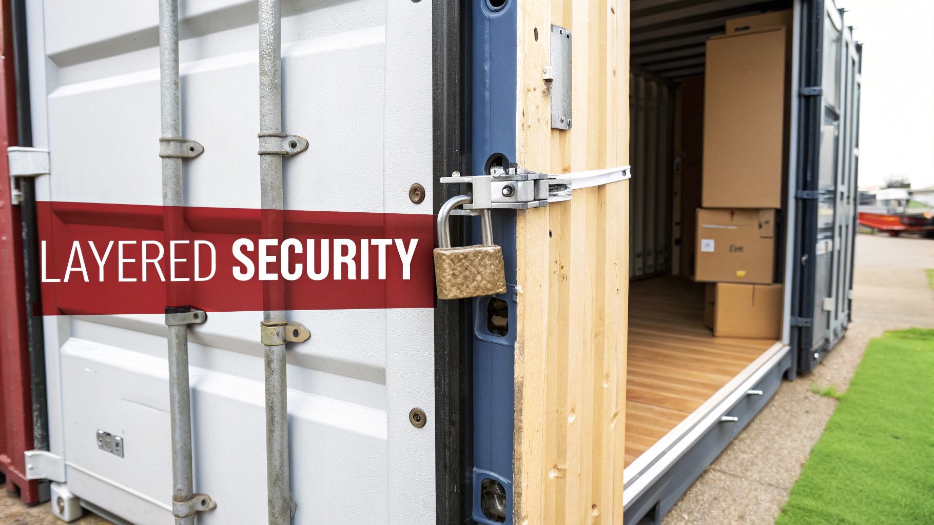 A shipping container door with a padlock, demonstrating layered security, with cardboard boxes visible inside.